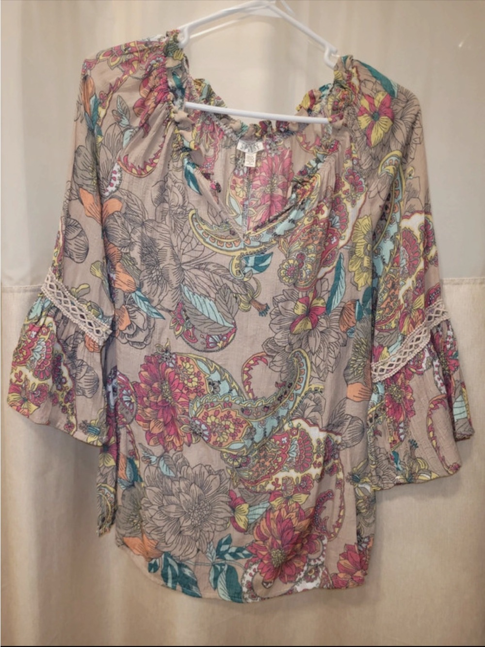 Spense Taupe Floral Paisley Boho Tunic with Pink, Teal & Yellow Accents